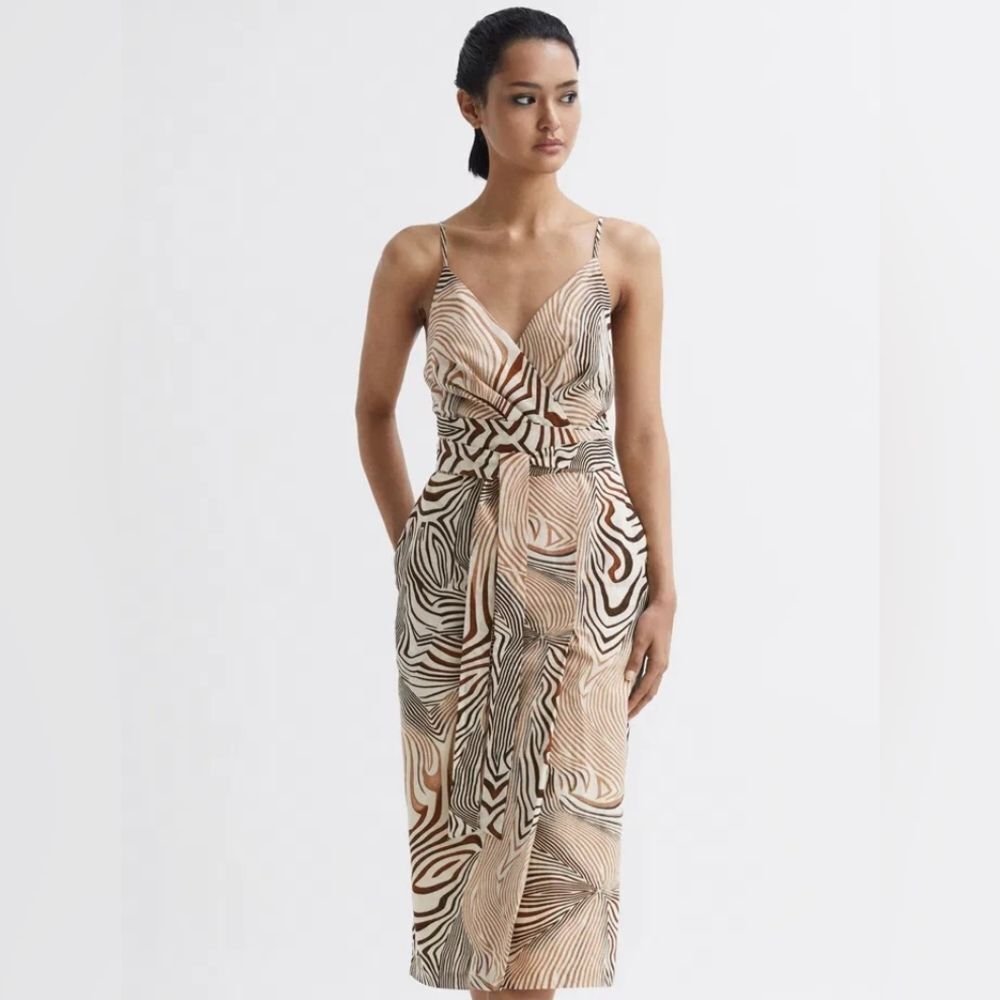 Reiss Beige, Brown & Black Printed Midi Dress